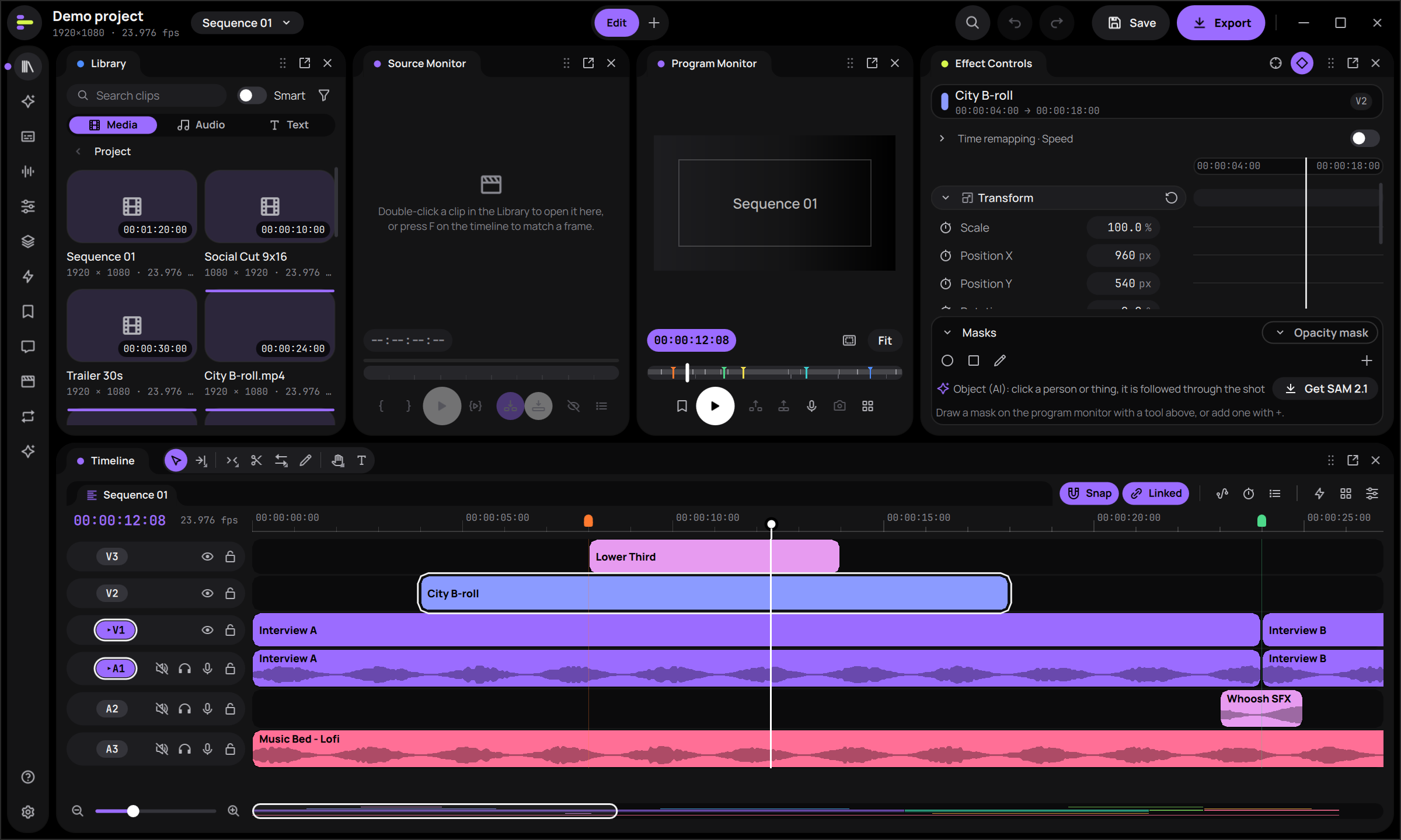 The Wabcut editor: library, source and program monitors, effect controls and a multi-track timeline