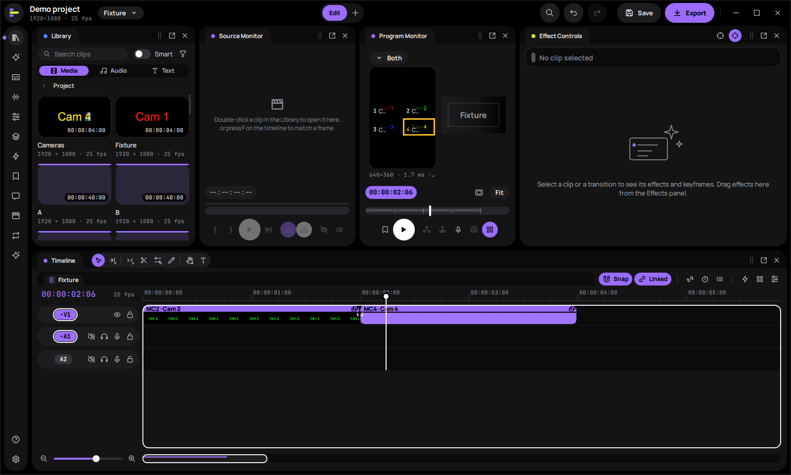 The multicam angle grid in the Program Monitor